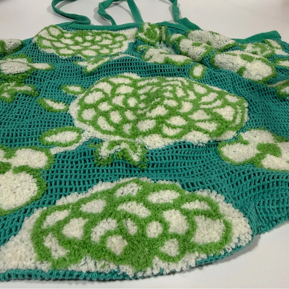 Urban Outfitters Floral Teal Blue Green Tufted Market Slouch Mesh Beach Tote Bag - Picture 2 of 6